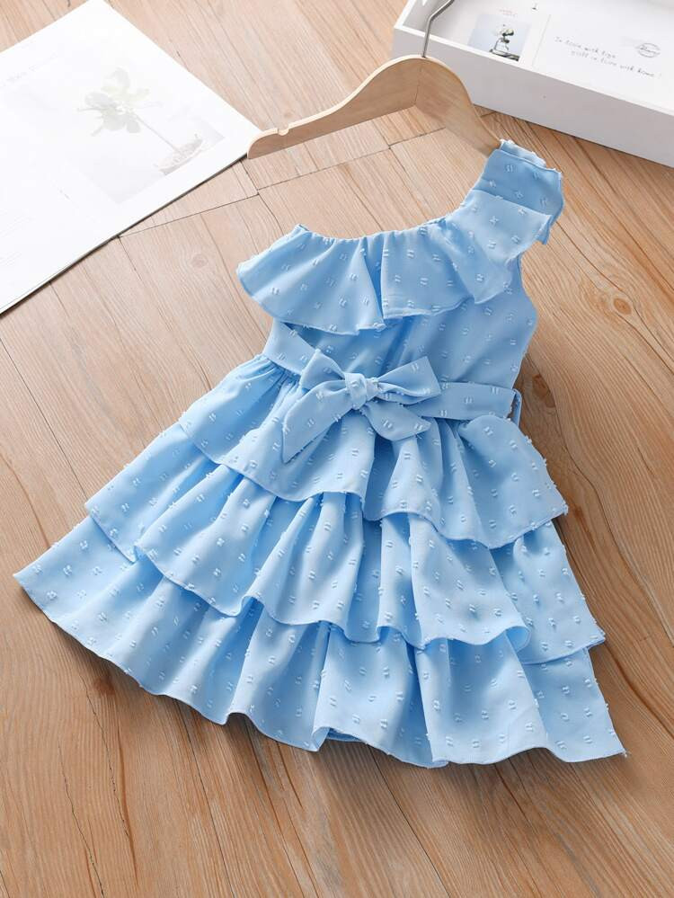 Toddler Girls Swiss Dot One Shoulder Layered Hem Belted Dress | SHEIN