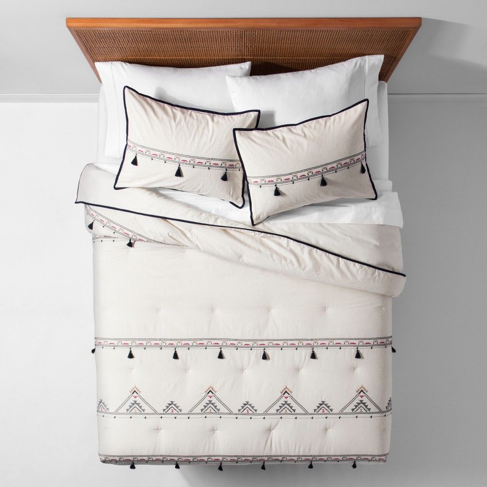 White Embroidered Tassel Comforter Set (Full/Queen) - Opalhouse, Beige | Target