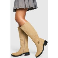 Womens Buckle Detail Knee High Riding Boots - Beige - 5 | boohoo (US & Canada)