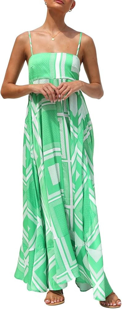 Women Graphic Maxi Cami Dress Spaghetti Strap Floral Boho Long Dress Flowy Summer Holiday Beach D... | Amazon (US)