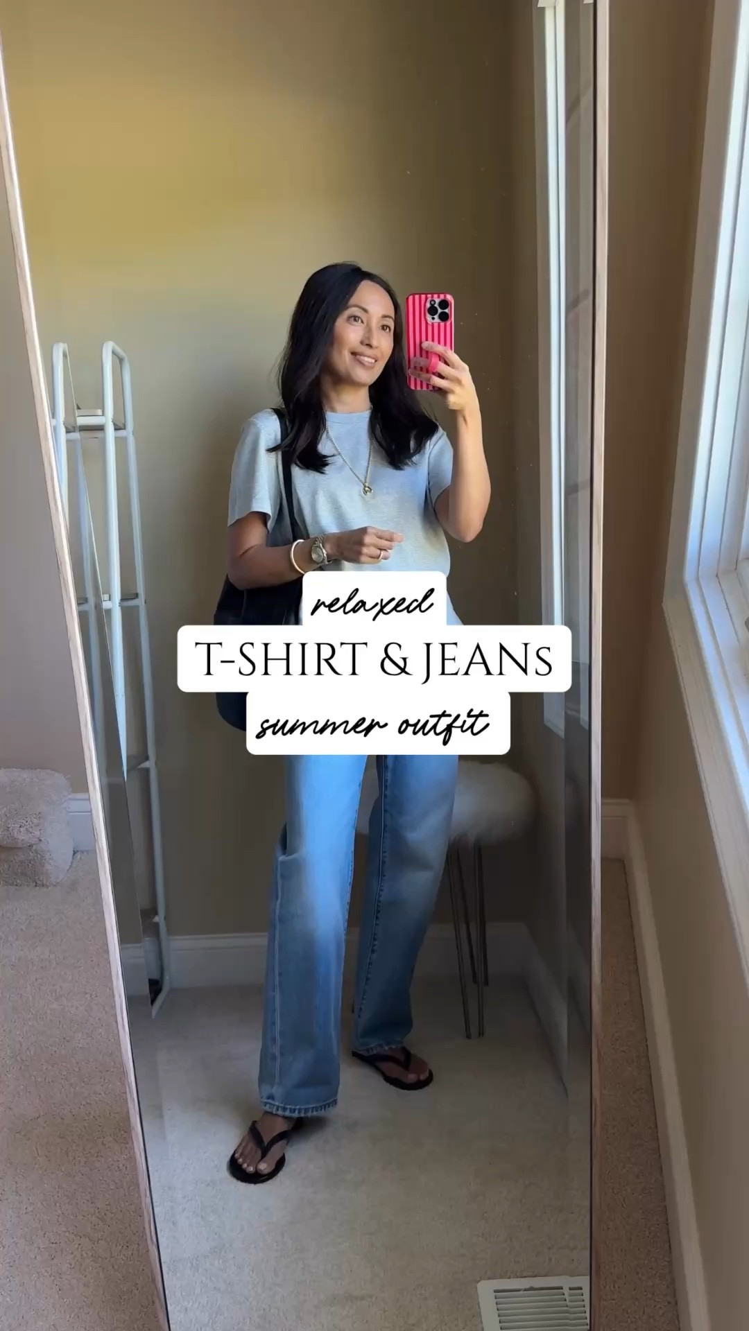 Relaxed t-shirt & jeans outfit. Easy, effortless chic style with basics from @OAK + FORT #sponsored. 
- I’ve always appreciated good basics and love a relaxed fit to everything these days. 
- This t-shirt is a nice 100% cotton option. Heather gray always gets me, but I have and love it in white too. Good crew neck with longer sleeves. I like the relaxed fit in a size up. 
- This tote bag has the perfect slouchy look and feel. It’s lightweight and done in faux leather. Comes in other neutrals too. 
- Jeans are an old favorite straight leg style in great denim fabric that feels and looks good in a size up. 
- Leather black flip flops: size up. 
- Black sunglasses feel modern. 
- Gold chunky initial necklace. 
- Gold chunky cuff bracelet.
- Clean beauty quick everyday makeup.

#LTKootd #LTKOver40