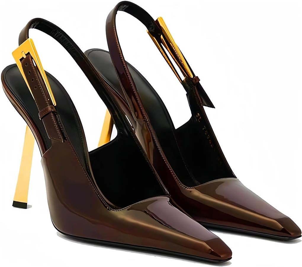 Slingback Heels For Women Square Pointed Toe Metal Buckle Pumps Patent Leather Stiletto High Heel... | Amazon (US)