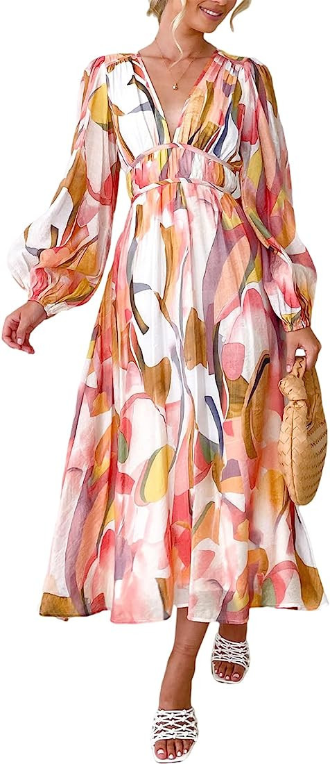 Sissyaki Women's Boho Floral Midi Dress Smocked Beach Flowy Dress | Amazon (US)