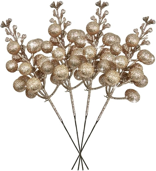 36Pcs Champagne Christmas Glitter Berries Stems, 7.5 Inch Artificial Christmas Picks, Glitter Ber... | Amazon (US)