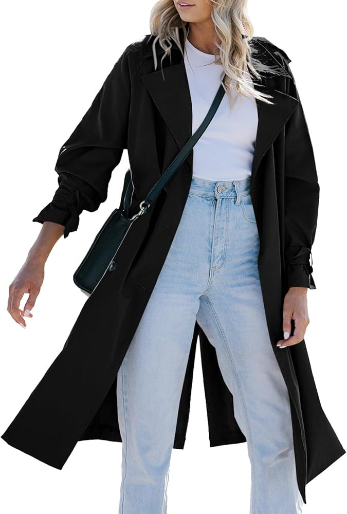 Tankaneo Womens Long Trench Coat Double Breasted Notch Lapel Lightweight Oversized Windproof Fall... | Amazon (US)