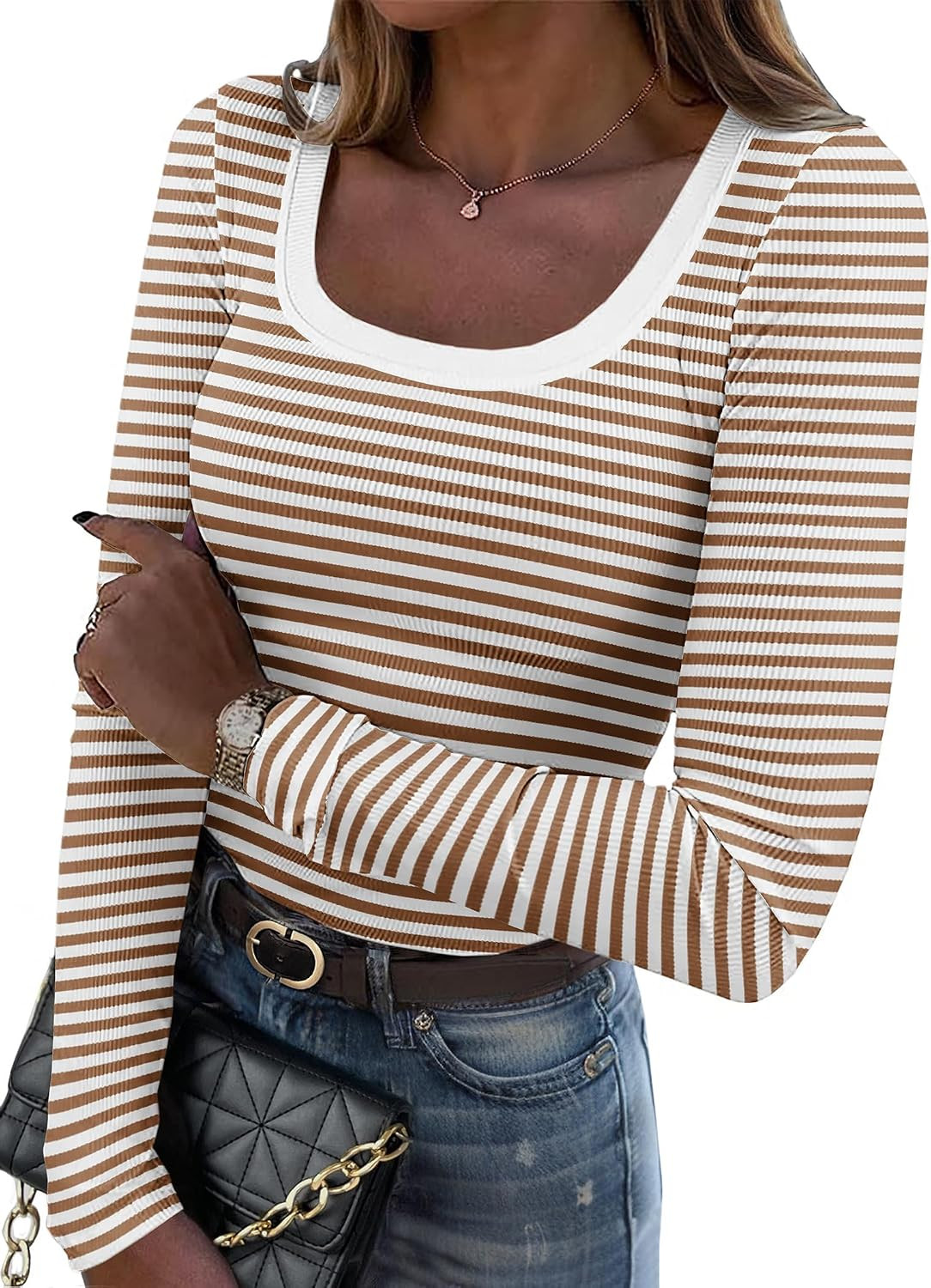 Zeagoo Women's Long Sleeve Scoop Neck Shirts Casual Slim Fit Rib Knit Tops | Amazon (US)