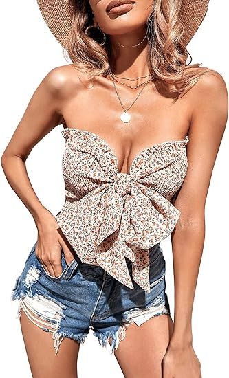 SheIn Women's Ditsy Floral Shirred Tube Top Strapless Tie Front Frill Crop Tops | Amazon (US)