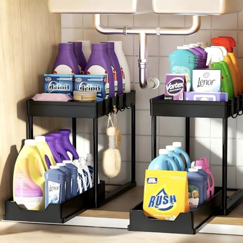 APWNRJA Under Sink Organizers 2 Pack, Pull-Out Sliding Cabinet Organizer with 2-Tier Storage Shelf & 4 Hooks, Multi-Purpose for Kitchen & Bathroom (13 Inch, Black) | Amazon (US)