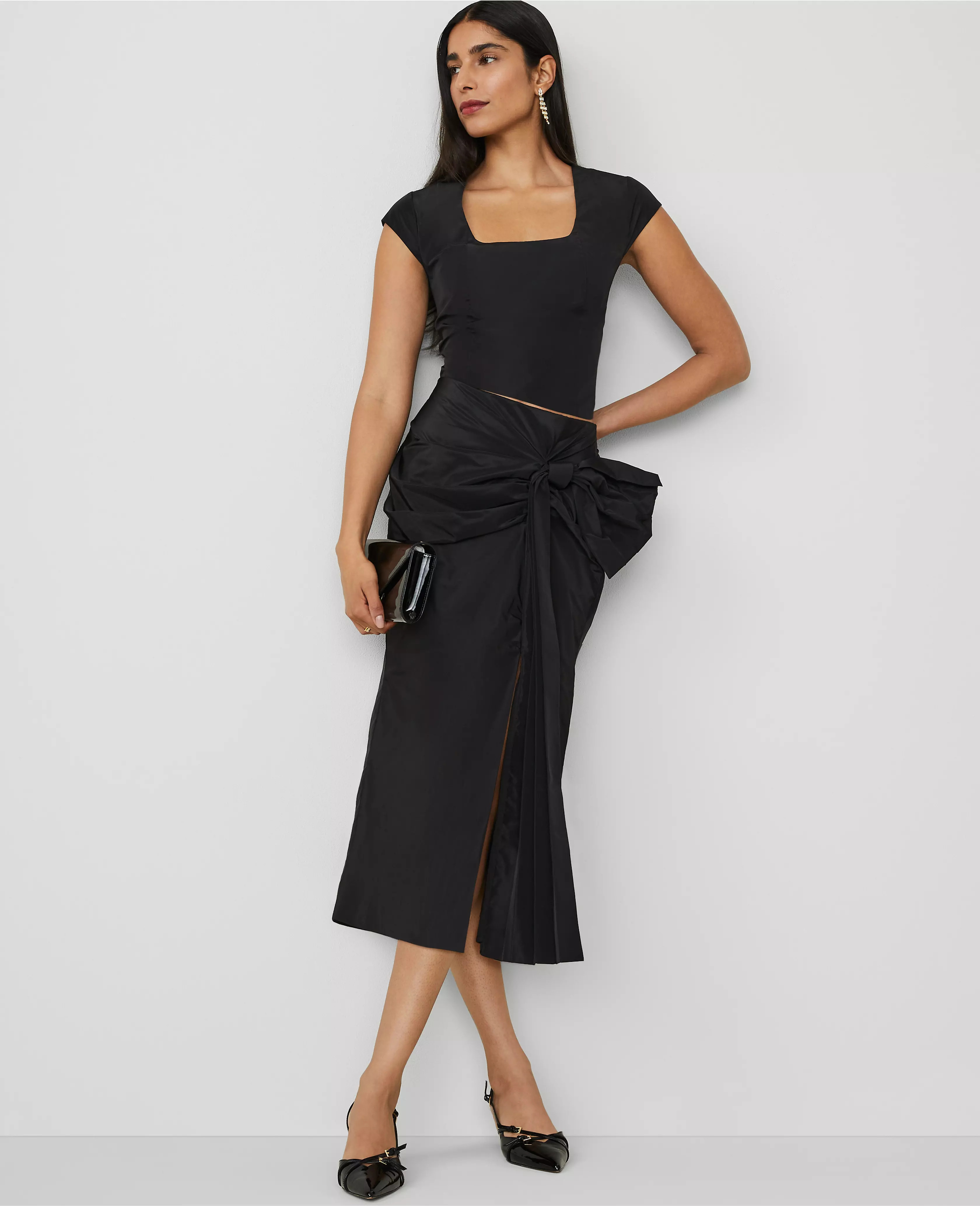 Draped-Bow Taffeta Column Midi Skirt | Ann Taylor (US)