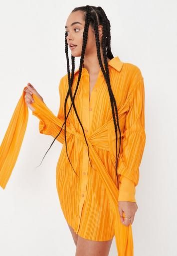 Missguided - Orange Plisse Tie Waist Shirt Dress | Missguided (US & CA)
