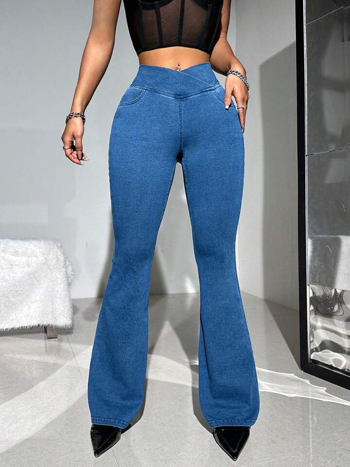 SHEIN ICON Y2k Blue Elastic Cross Waist Tight Flare Jeans With Low Waist And Mid Rise For Women C... | SHEIN
