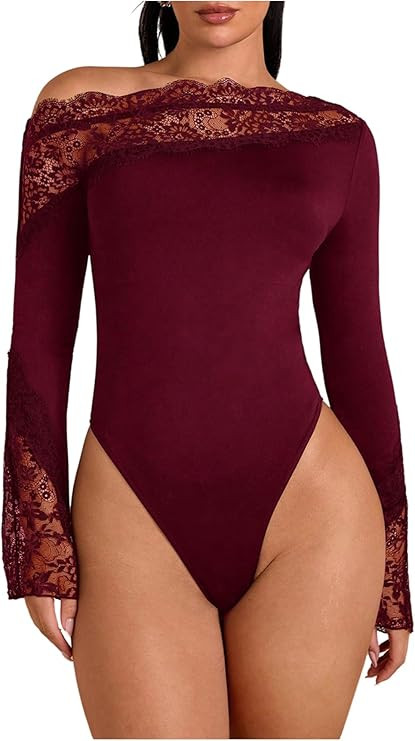 WDIRARA Women's Lace One Shoulder Bodysuit Asymmetrical Long Sleeve Leotard Tops | Amazon (US)