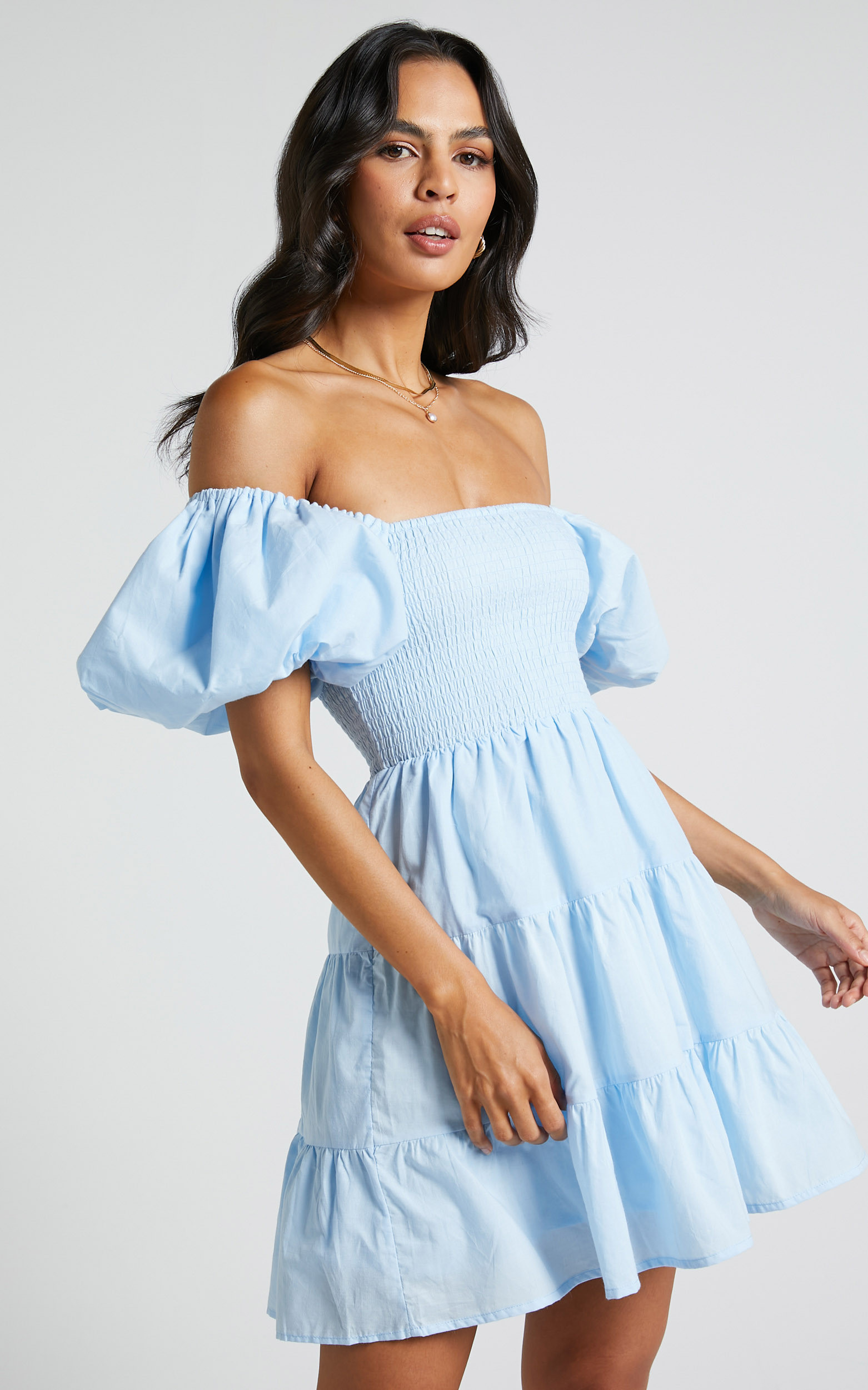 Emilia Mini Dress - Shirred Bodice Puff Sleeve Tiered Dress in Ice Blue | Showpo (US, UK & Europe)