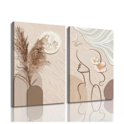 2Pcs Modern Boho Abstract Canvas Wall Art Beige Minimalist Woman Line Art Decor Neutral Geometry Prints For Living Room Bedroom Bathroom Home Decor (1 | Wayfair North America
