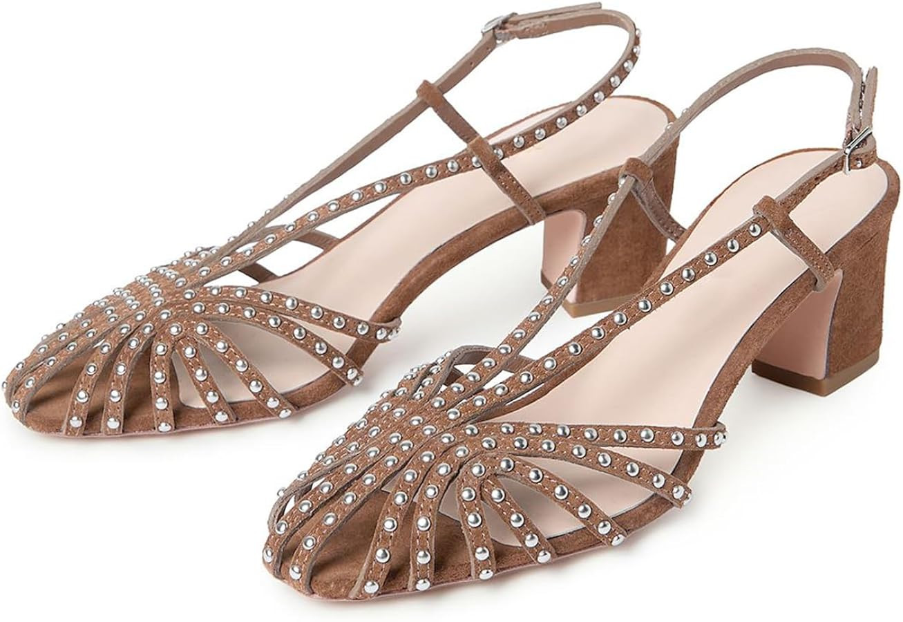 Studded Slingback Heels for Women, Caged Toe Block Heel Sandals Summer Casual Dress Heeled Sandal... | Amazon (US)