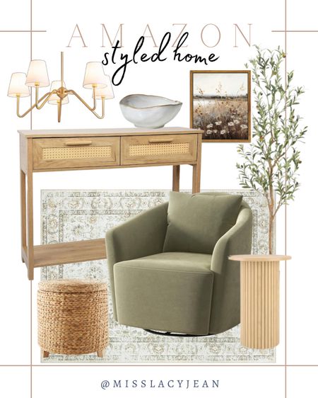 Amazon styled home includes accent chair, faux olive tree, area rug, side table, rattan ottoman, console table, gold chandelier, decorative bowl, wall art.

Home decor, styled home, neutral home decor, neutral home finds

#LTKFindsUnder100 #LTKStyleTip #LTKHome