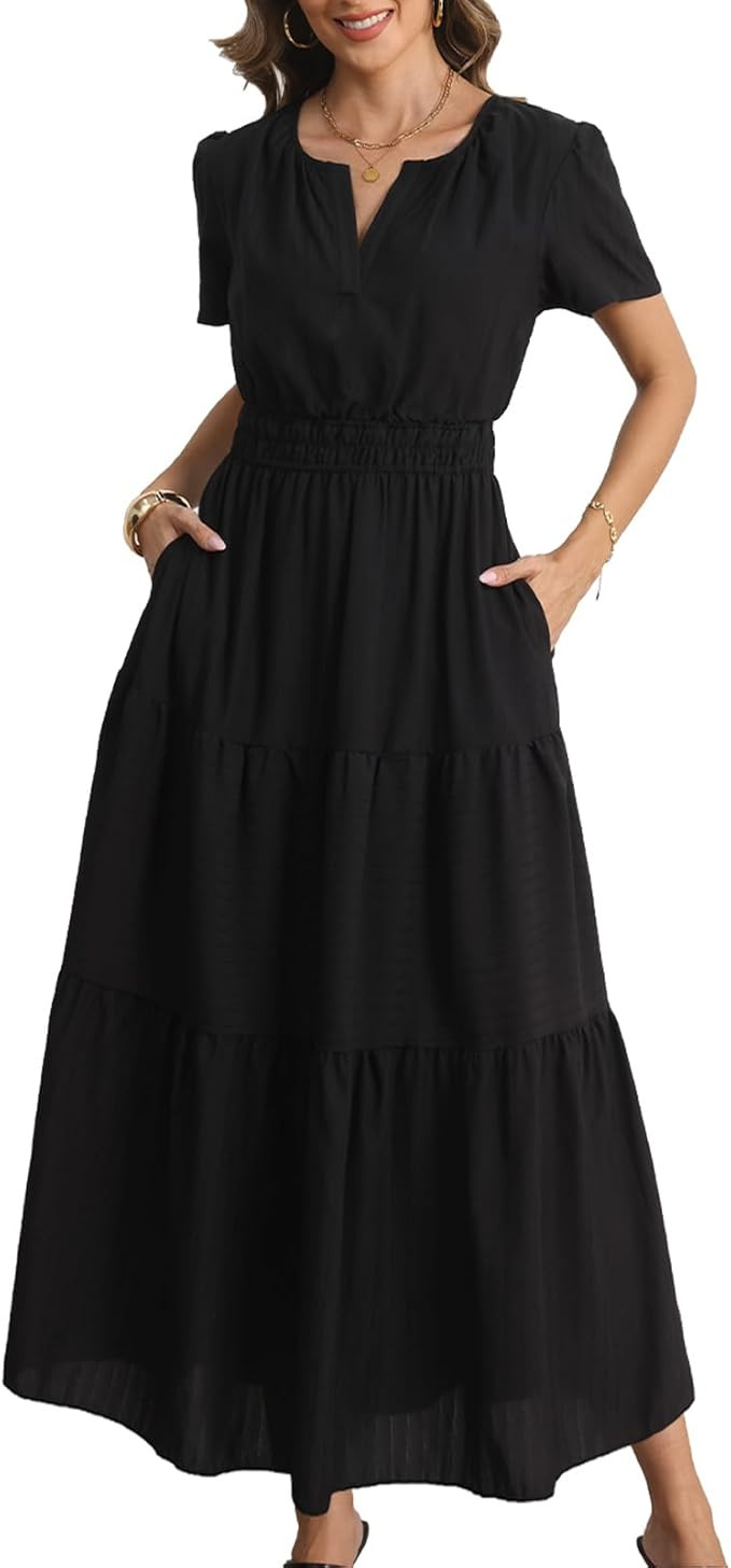 Rainday Womens Casual Maxi Dresses Fashion Holiday Short Sleeved Elastic Waist Beach Boho Dress w... | Amazon (US)