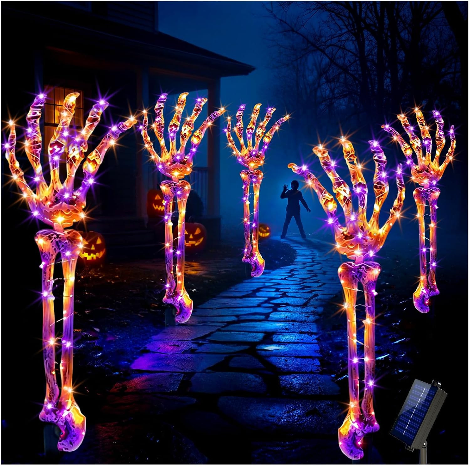 Solar Halloween Pathway Lights Outdoor - 5Pack Lighted Skeleton Arm for Outdoor Walkway Yard Garden Decorations, 250 LEDs Purple and Orange Halloween Solar Pathway Stake Lights Decor, 8 Modes | Amazon (US)