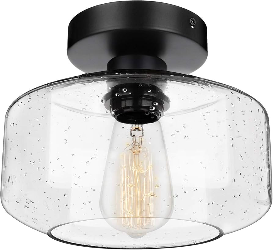 SunRider Industrial Semi-Flush Mount Ceiling Light Fixture, Modern Seeded Glass Pendant Lamp, Bla... | Amazon (US)