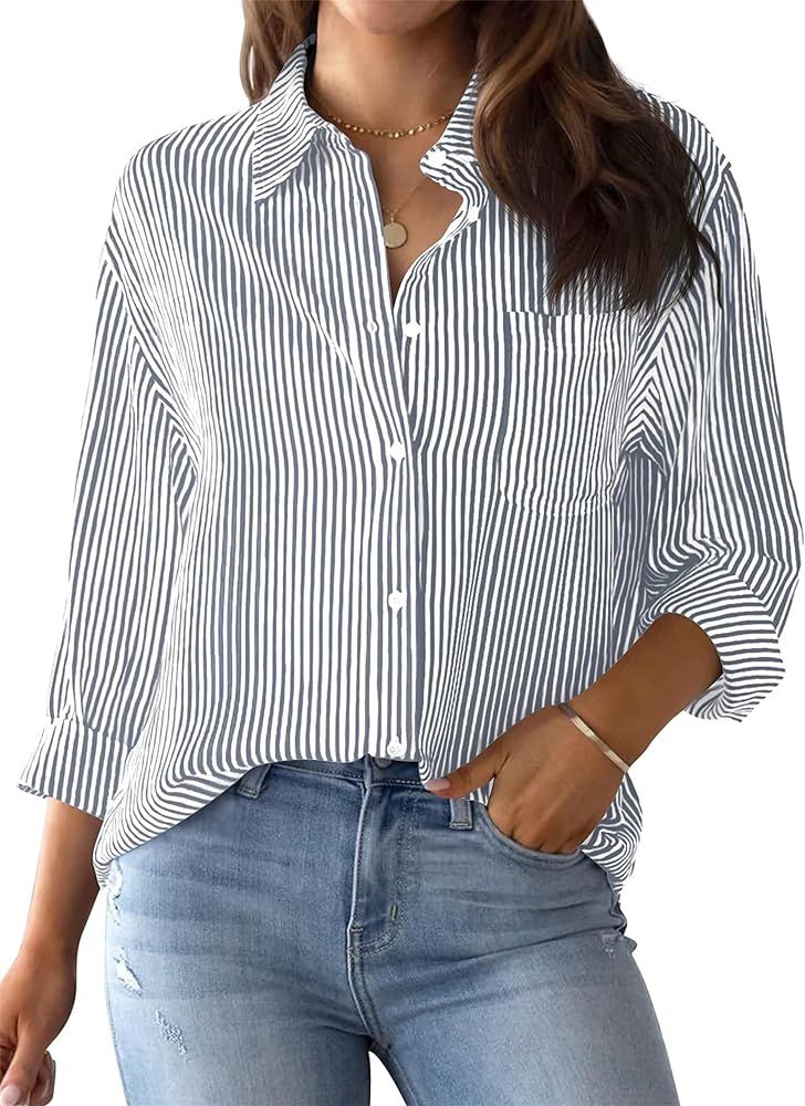 Womens Striped Button Down Shirts Classic Long Sleeve Collared Office Work Blouses Loose Casual T... | Amazon (US)