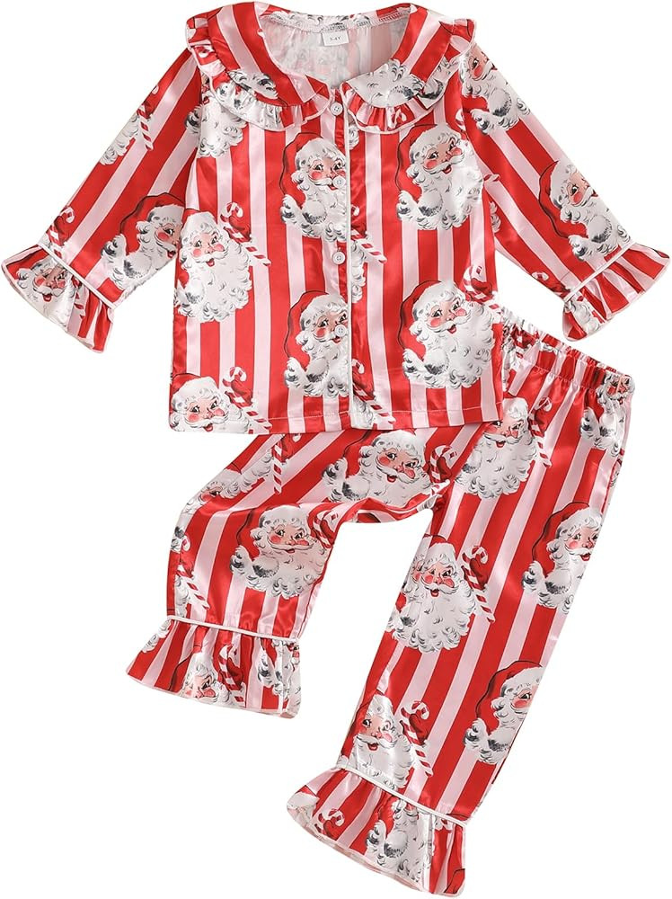 fyclemt Toddler Baby Girl Boy Christmas Silk Satin Pajamas Santa Button Pjs Kids Long Sleeve Shir... | Amazon (US)