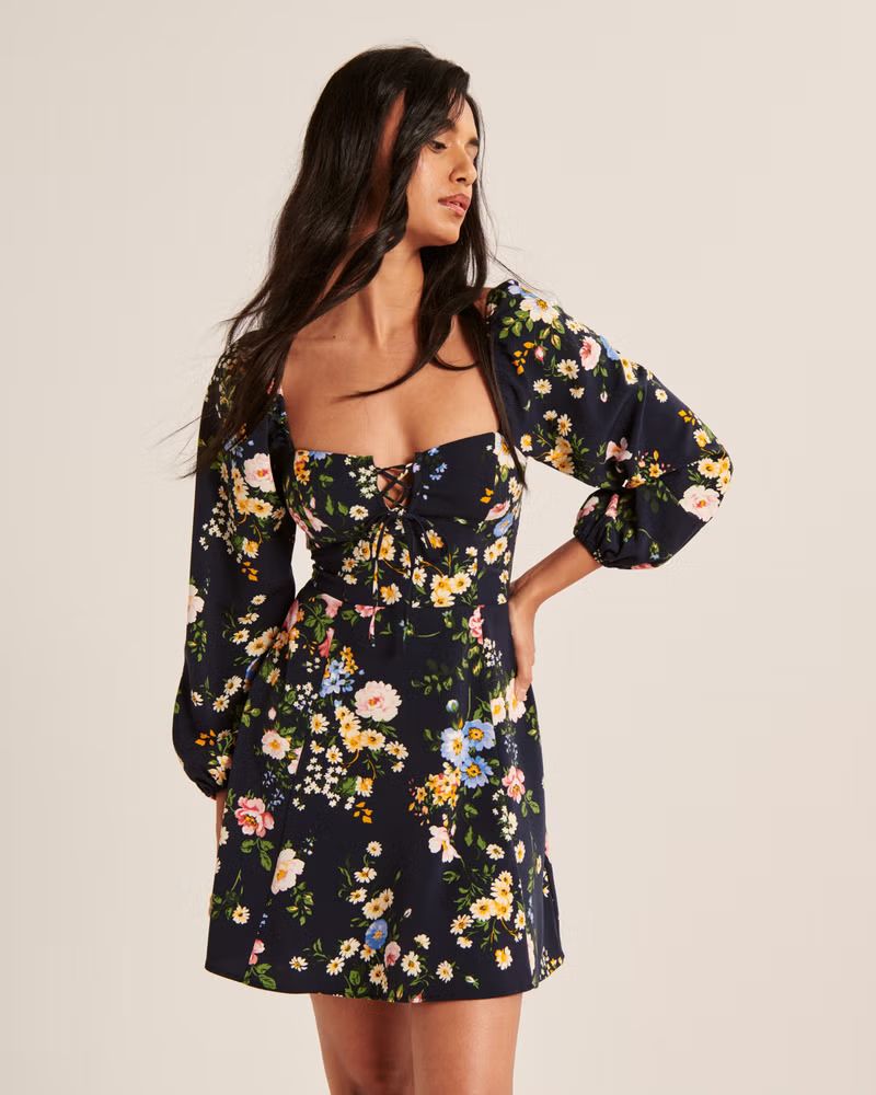 Long-Sleeve Lace-Up Flirty Mini Dress | Abercrombie & Fitch (US)