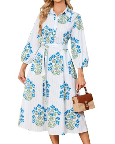 Womens Floral Midi Shirt Dress Summer Casual Button Down A-Line Dress 3/4 Puff Sleeve Belted Dres... | Amazon (US)