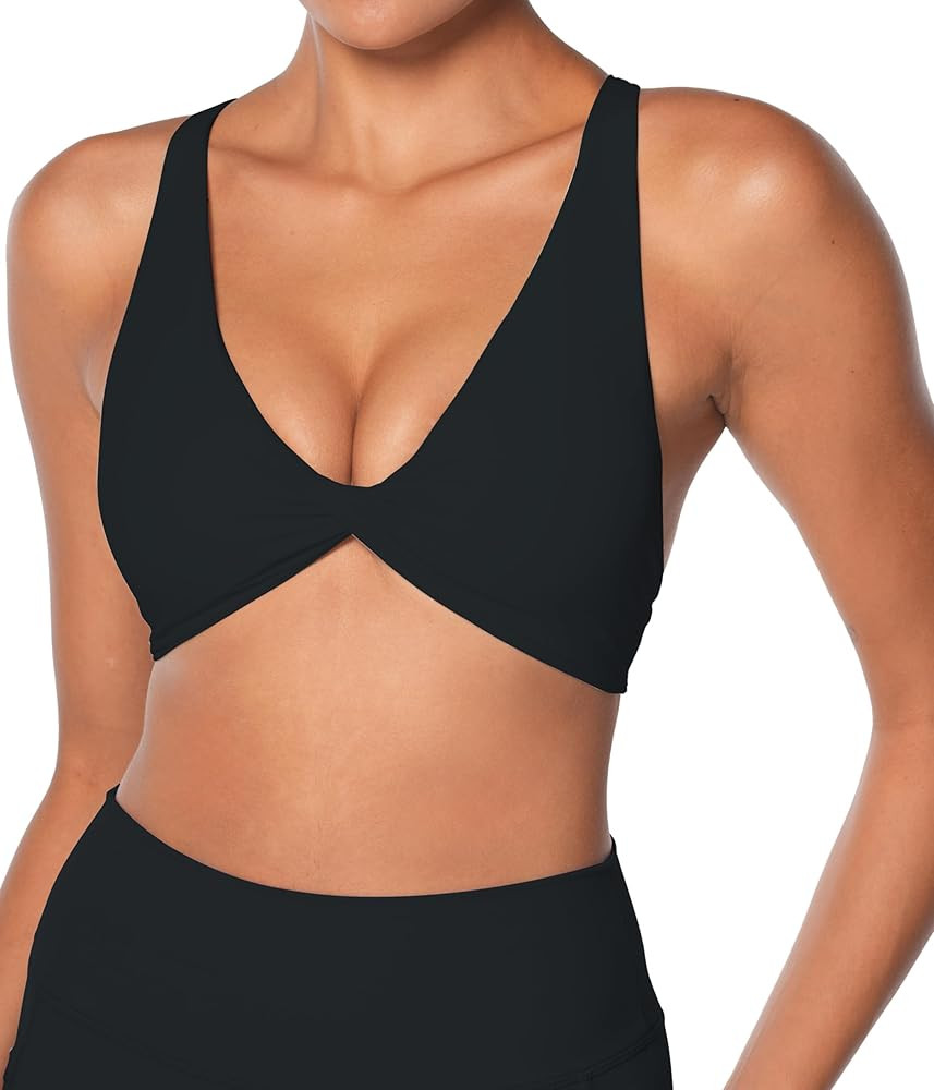 Sunzel Women's Strappy Sports Bra with Removable Pads V Neck Twist Front Cross Strap Padded Yoga ... | Amazon (US)
