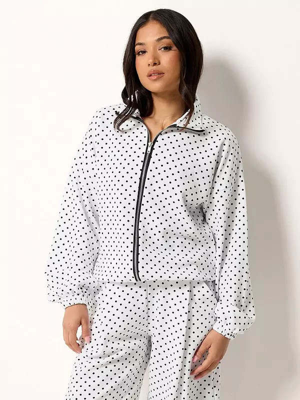 PixieGirl Petite Spot Print Crinkle Funnel Neck Jacket - White | Very (UK)