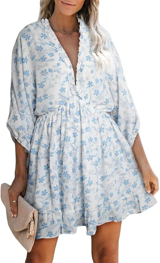 Dokotoo Womens 2023 Spring V Neck Ruffle Chiffon Elegant Mini Short Swing Skater Dresses | Amazon (US)