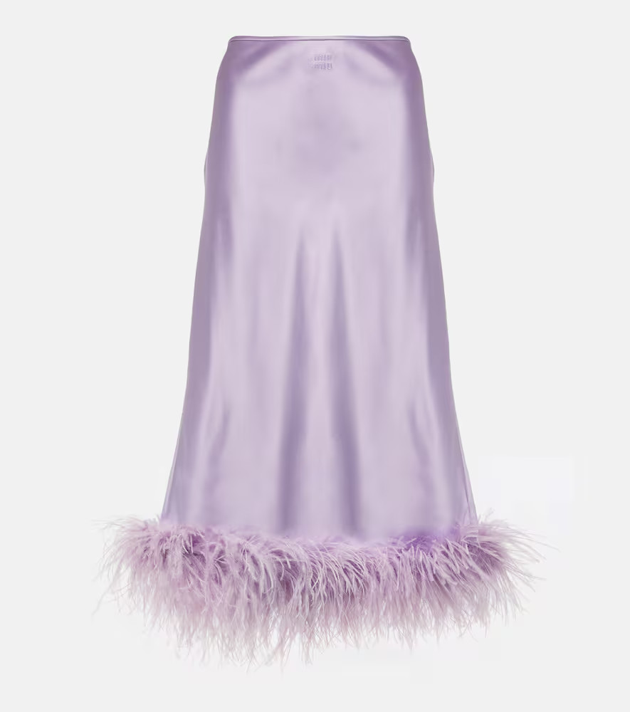 Miu Miu Feather-trimmed satin midi skirt | Mytheresa (US/CA)