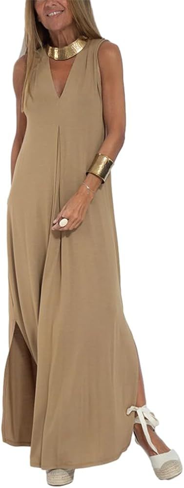 HOULENGS Women's Casual Sleeveless V Neck Maxi Dresses Side Split Tank Long Dress with Pockets | Amazon (US)