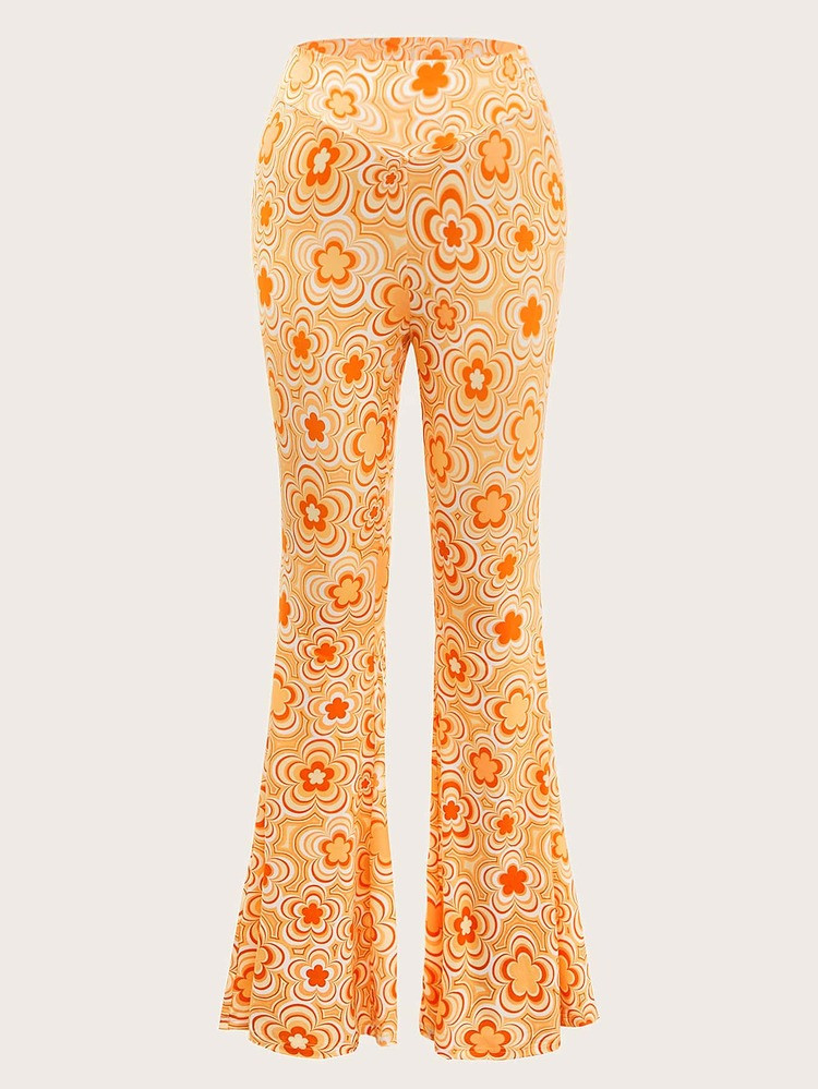 SHEIN EZwear Plus Floral Print Flare Leg Pants | SHEIN