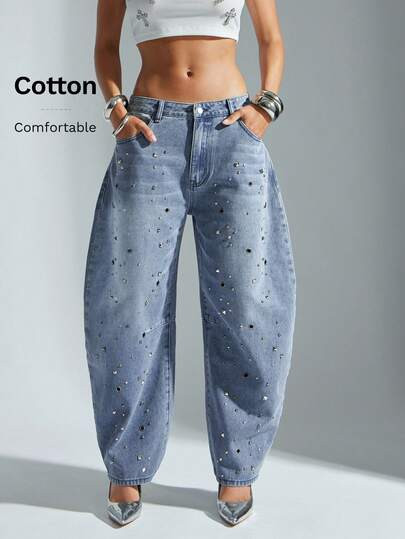 Denimoi Casual Distressed Denim Jeans With Metal Stud Decor, Curved Blade Leg | SHEIN