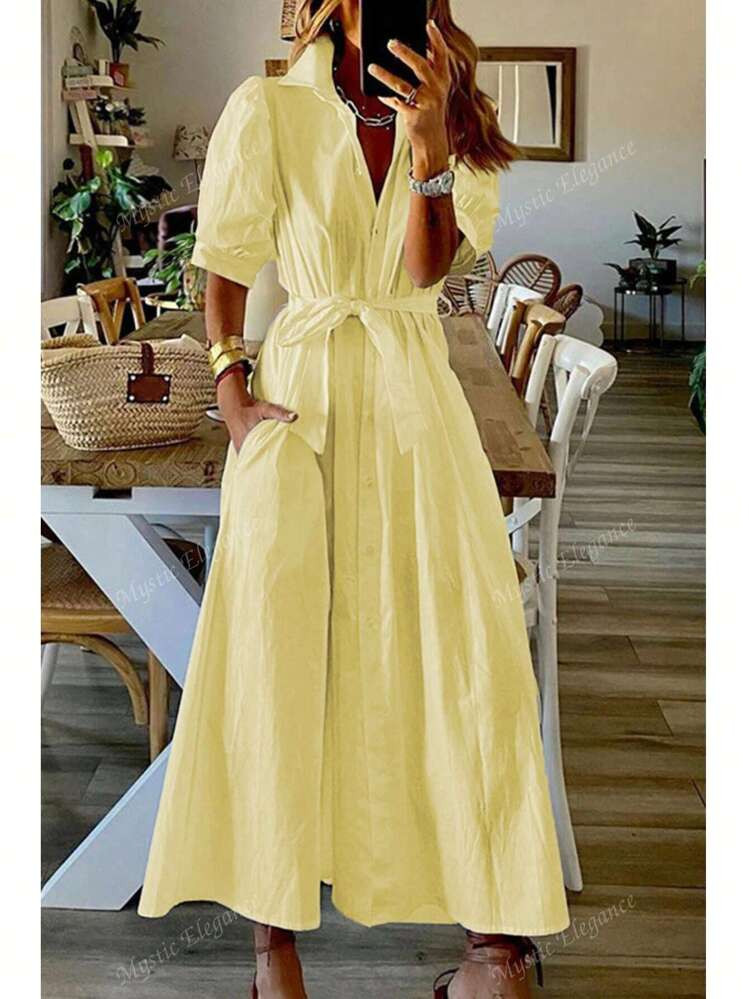 Women's Spring And Summer Thin Shirt Dress Open Collar Solid Color Loose Shirt Dress Tie Puff Sle... | SHEIN
