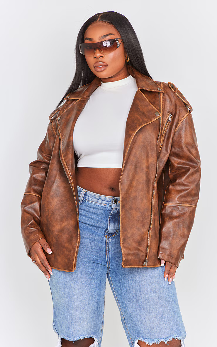Plus Brown Distressed Faux Leather Biker Jacket | PrettyLittleThing US