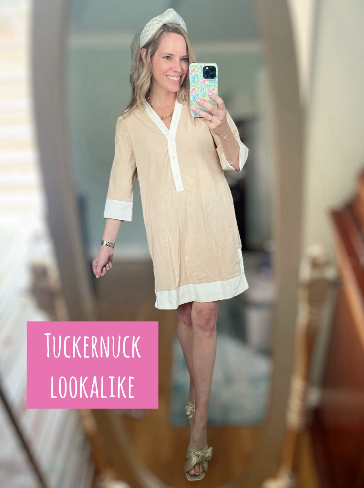 Tuckernuck vibes on a budget? Yes please!
This neutral linen-blend tunic dress looks straight out of a coastal resort catalog — crisp white contrast trim, 3/4 sleeves, and a breezy, relaxed fit that’s equal parts classic and effortless. Styled it with gold bow sandals, a lace headband, and my go-to gold jewelry for that polished, timeless touch!

Sizing:  relaxed, slightly oversized fit
Fabric: Lightweight + breathable linen blend
Style tip: Add statement earrings or a raffia clutch for a vacation-ready look!

Shop the look:
	•	Neutral linen tunic dress (Tuckernuck lookalike!)
	•	Gold bow sandals
	•	Lace headband
	•	Gold bracelet + necklace stack

#TuckernuckLookalike #CoastalChic #ClassicStyle #NeutralOutfit #LinenDress #SummerStyle2025 #PolishedPreppy #TimelessWardrobe #LTKUnder50 #LTKSpringStyle

#LTKFindsUnder50 #LTKFindsUnder100 #LTKOver40