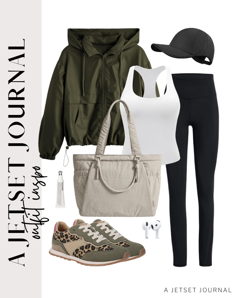 You can wear this army green Verdusa windbreaker jacket on top of a white racerback tank top from YEOREO, then pair it with SINOPHANT leggings. This BAGSMART tote bag and Blowfish Malibu lace-up shoes pair well with this look, along with a running hat and wireless earbuds. 

 #LTKSeasonal #LTKSaleAlert #LTKTravel