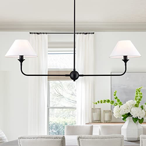Modern Linear Chandeliers for Dining Room, Gold Island Light Fixtures with Off-White Fabric Shade... | Amazon (US)