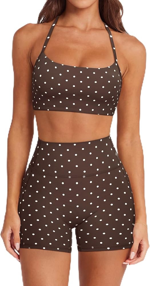 SUUKSESS Women 2 Piece Workout Sets Padded Halter Sports Bras High Waisted Biker Shorts with Pock... | Amazon (US)
