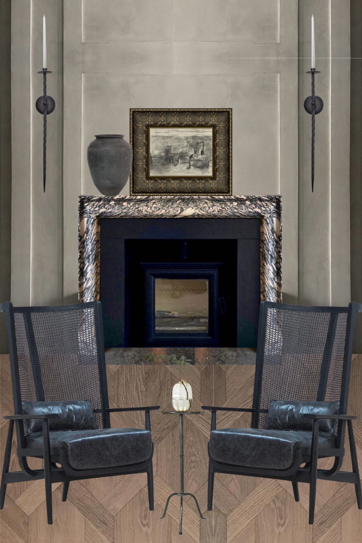 Moody living room design 

Candle sconces, taper candle sconces, ornate frame, black vase, martinis table, bud vase, tall cane back chairs 

#LTKSeasonal #LTKHome #LTKSaleAlert