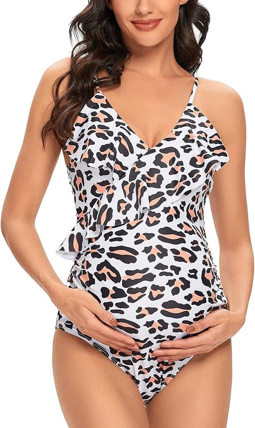 Tempotrek One Piece Maternity Swimsuits Ruffle Flounce Swimwear Falbala Halter Monokini Deep V Ne... | Amazon (US)