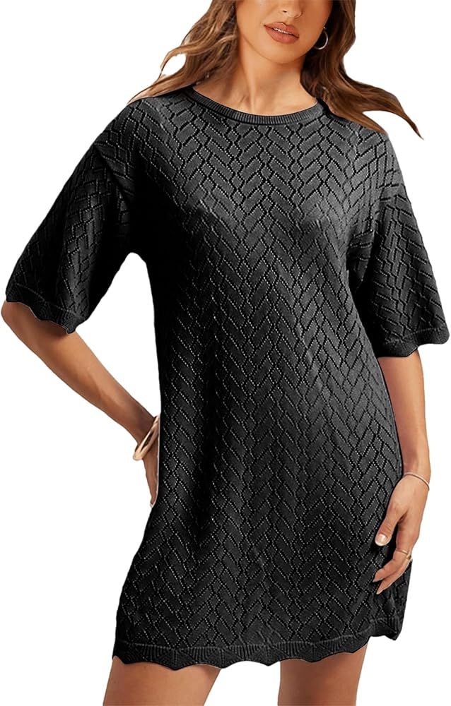 Women's Relaxed Knit Mini Dress with Crew Neckline | Crochet Swimsuit Coverups | Mini Length Loos... | Amazon (US)