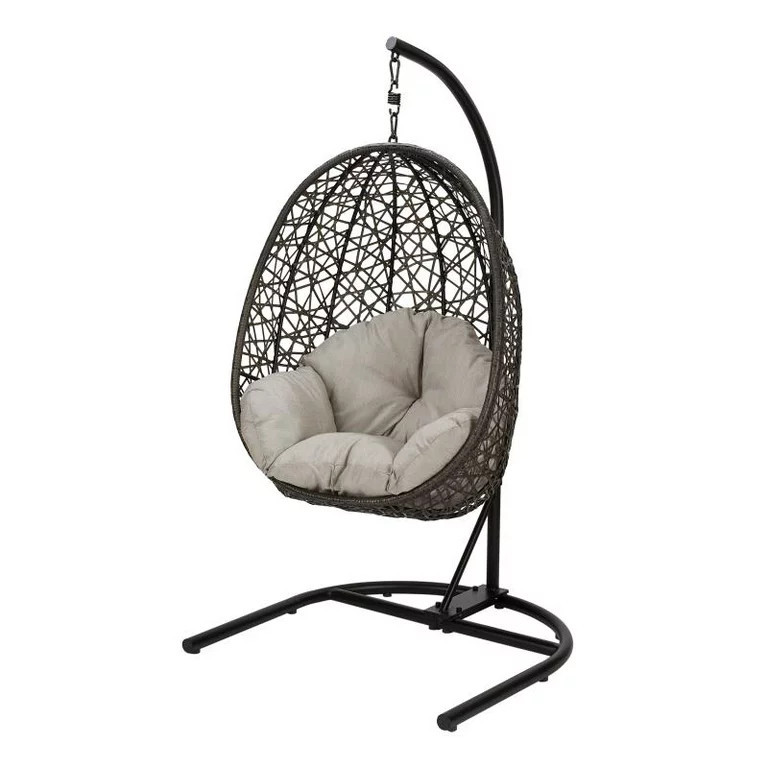 Better Homes & Gardens Lantis Patio Wicker Hanging Egg Chair with Stand - Brown Wicker, Beige Cus... | Walmart (US)