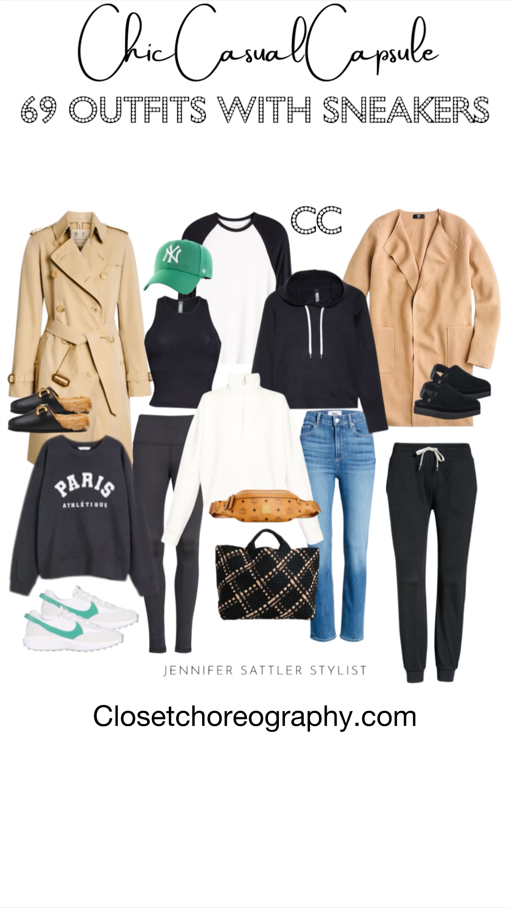 Here are just 3 of 69 outfits that go with sneakers or flats that you can recreate with my 10 pieces checklist. Shop for them now and visit closetchoreography.com to purchase the entire capsule, with shopping suggestions, and lookbook. 

I’m wearing an xs in everything except the jeans TTS (size 25),  Half Zip (small), duster cardigan (xxs). I also sized 1/2 size up in Nike sneakers. 