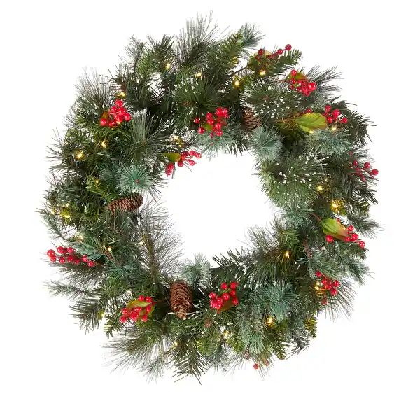 Battery Operated LED 24-inch Wintry Pine Wreath - Green - 24" - Bed Bath & Beyond - 12754652 | Bed Bath & Beyond