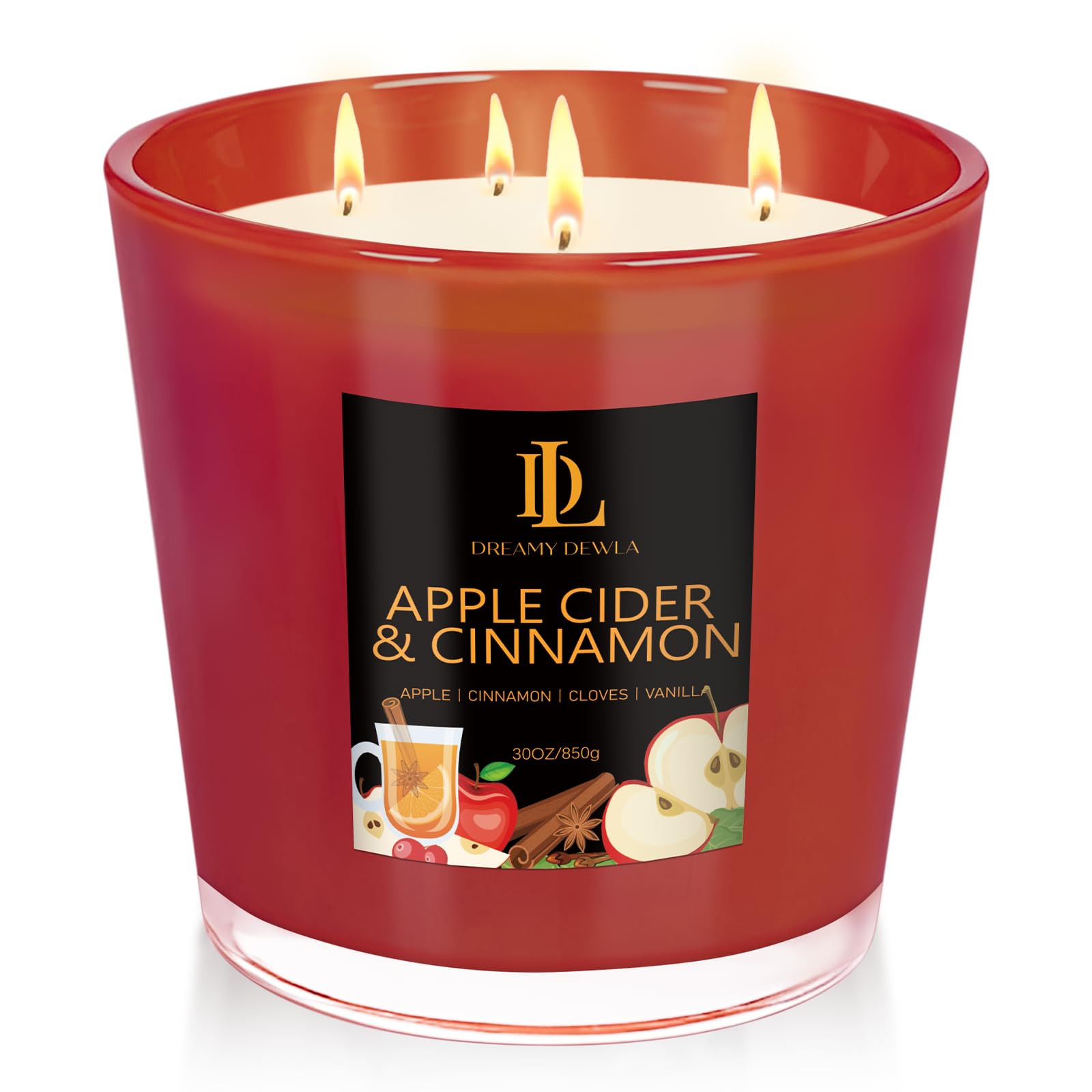 Large Fall Candle Apple Cider & Cinnamon Scented, 4 Wick Natural Soy Candles for Home Scented, 30... | Amazon (US)