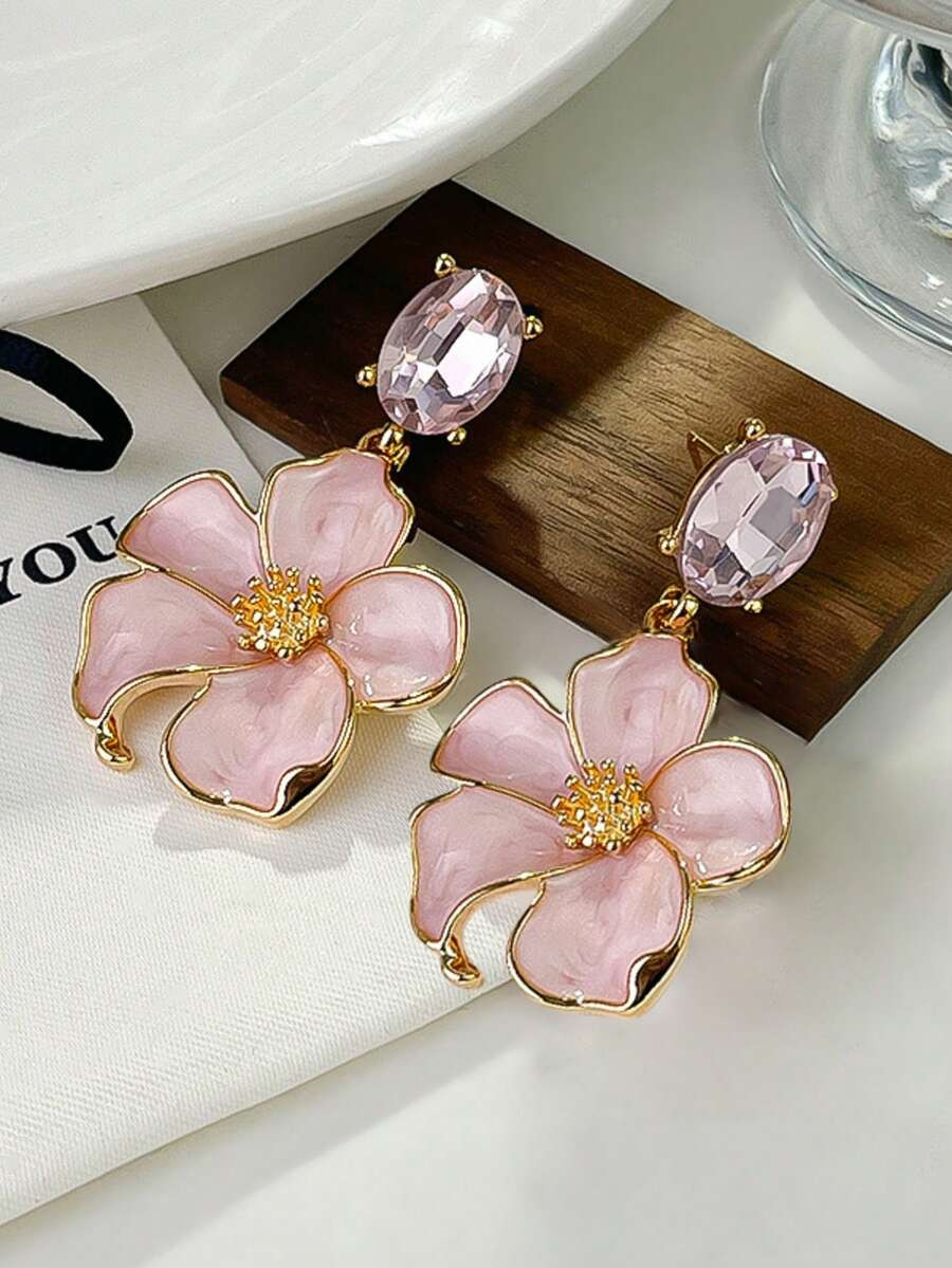 2pcs Set Fashionable Delicate Lightweight Luxurious Pink Flower Drop Earrings, Crystal Flower Pen... | SHEIN