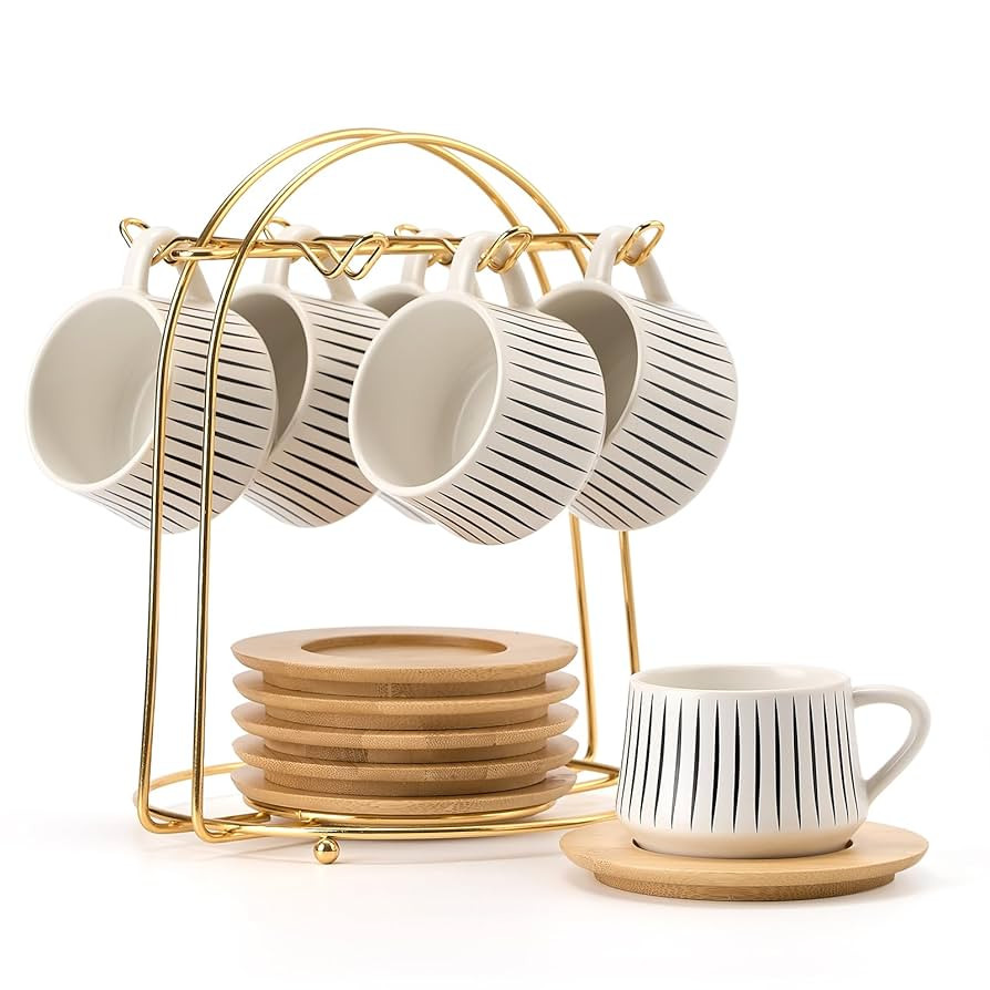 LUKA Ceramic Coffee Espresso Cups with Saucers Set with Metal Holder, 4 oz Porcelain Demitasse Cu... | Amazon (US)