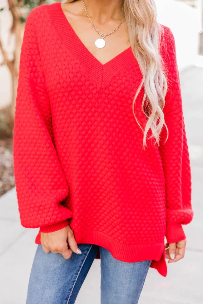 Keep On Smiling V-Neck Sweater Red | The Pink Lily Boutique